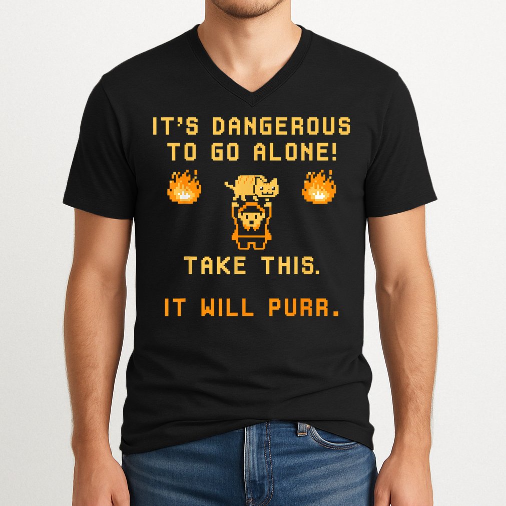 ITS DANGEROUS TO GO ALONE! TAKE THIS. IT WILL PURR V-Neck T-Shirt