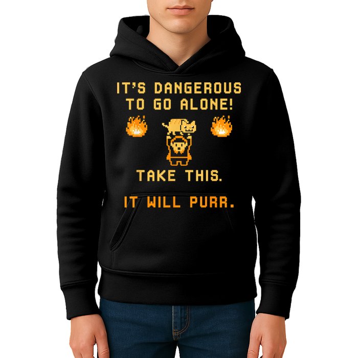ITS DANGEROUS TO GO ALONE! TAKE THIS. IT WILL PURR Kids Hoodie