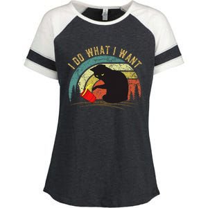 I Do What I Want Cat Coffee Black Cat Red Cup Enza Ladies Jersey Colorblock Tee