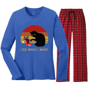 I Do What I Want Funny Black Cat Gifts Women's Long Sleeve Flannel Pajama Set 