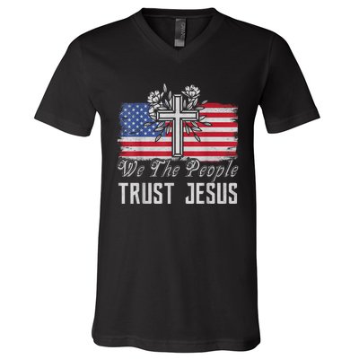 Independence Day We The People Trust Jesus Vintage US Flag V-Neck T-Shirt