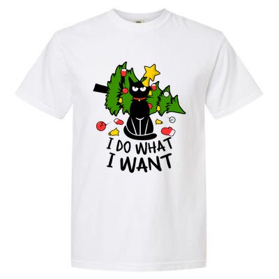 I Do What I Want Cat Christmas Tree Funny Black Cat Graphic Funny Gift Garment-Dyed Heavyweight T-Shirt