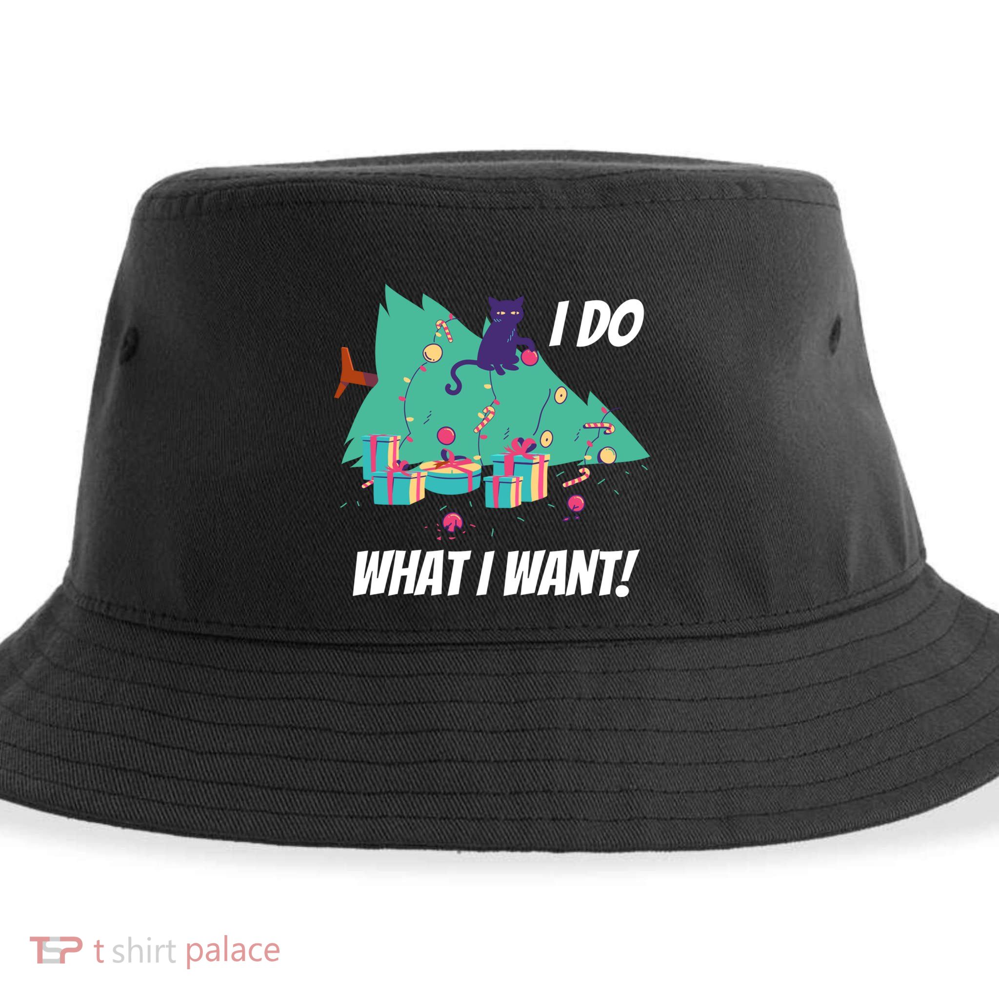 I Do What I Want Cat Destroys Christmas Tree Meme Funny Gift Sustainable Bucket Hat