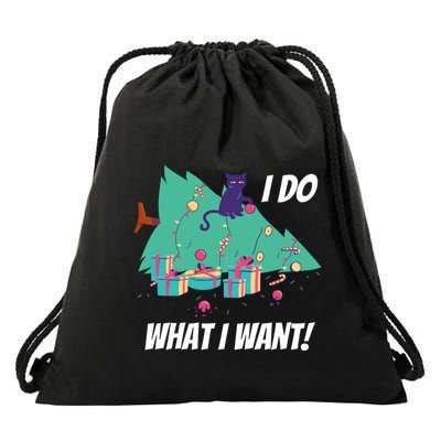 I Do What I Want Cat Destroys Christmas Tree Meme Funny Gift Drawstring Bag