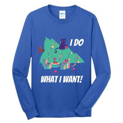 I Do What I Want Cat Destroys Christmas Tree Meme Funny Gift Tall Long Sleeve T-Shirt