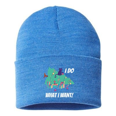 I Do What I Want Cat Destroys Christmas Tree Meme Funny Gift Sustainable Knit Beanie