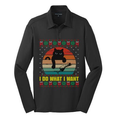 I Do What I Want Cat Wine Lover Sunset Ugly Xmas Sweater Gift Silk Touch Performance Long Sleeve Polo