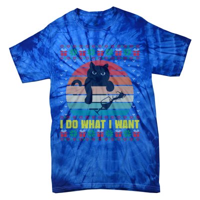 I Do What I Want Cat Wine Lover Sunset Ugly Xmas Sweater Gift Tie-Dye T-Shirt