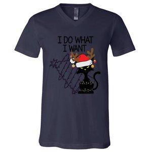 I Do What I Want Christmas Tree Cat Gift V-Neck T-Shirt