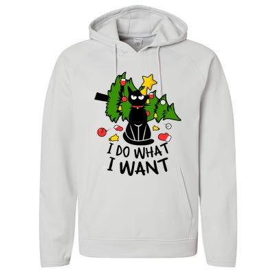 I Do What I Want Cat Christmas Tree Funny Black Cat Graphic Gift Performance Fleece Hoodie