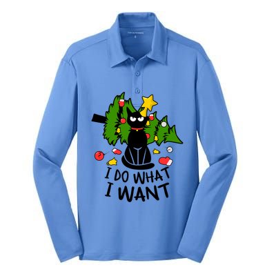 I Do What I Want Cat Christmas Tree Funny Black Cat Graphic Gift Silk Touch Performance Long Sleeve Polo