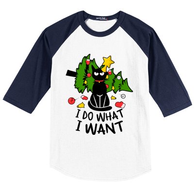 I Do What I Want Cat Christmas Tree Funny Black Cat Graphic Gift Baseball Sleeve Shirt