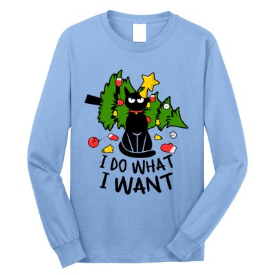 I Do What I Want Cat Christmas Tree Funny Black Cat Graphic Gift Long Sleeve Shirt