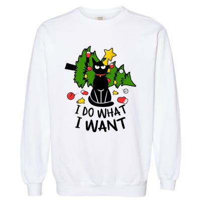 I Do What I Want Cat Christmas Tree Funny Black Cat Graphic Gift Garment-Dyed Sweatshirt