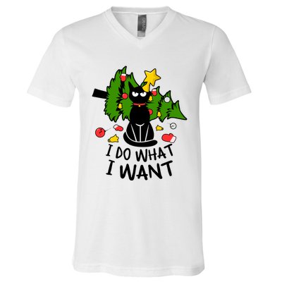 I Do What I Want Cat Christmas Tree Funny Black Cat Graphic Gift V-Neck T-Shirt