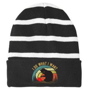 I Do What I Want Cat Coffee Black Cat Red Cup Funny Graphic Striped Beanie with Solid Band