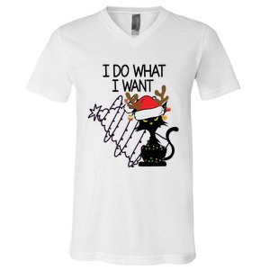 I Do What I Want Christmas Tree Cat Gift V-Neck T-Shirt