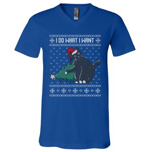 I Do What I Want Santa Cat Christmas Tree Ugly Sweater Xmas Gift V-Neck T-Shirt