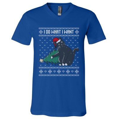 I Do What I Want Santa Cat Christmas Tree Ugly Sweater Xmas Gift V-Neck T-Shirt