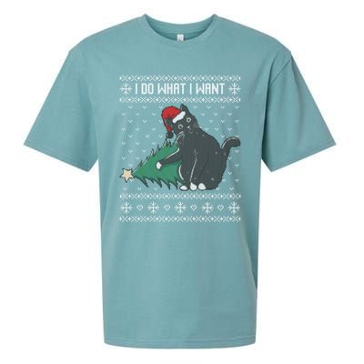 I Do What I Want Santa Cat Christmas Tree Ugly Sweater Xmas Gift Sueded Cloud Jersey T-Shirt