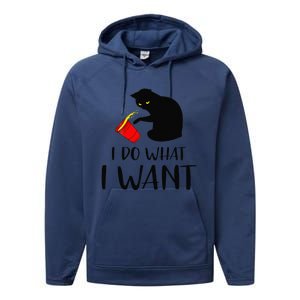 I Do What I Want Funny Black Cat Red Cup Funny My Cat Performance Fleece Hoodie