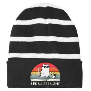 I Do What I Want Funny Black Cat Lovers Striped Beanie with Solid Band