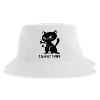 I Do What I Want Funny Black Cat Withe Cup Coffee Gifts Sustainable Bucket Hat