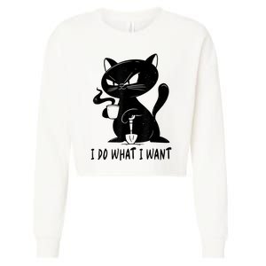 I Do What I Want Funny Black Cat Withe Cup Coffee Gifts Cropped Pullover Crew