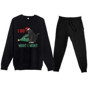 I Do What I Want Funny Christmas Cat Knocking Tree Down Gift Premium Crewneck Sweatsuit Set