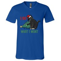 I Do What I Want Funny Christmas Cat Knocking Tree Down Gift V-Neck T-Shirt