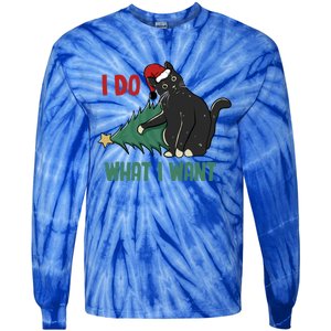 I Do What I Want Funny Christmas Cat Knocking Tree Down Gift Tie-Dye Long Sleeve Shirt