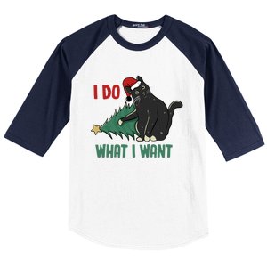 I Do What I Want Funny Christmas Cat Knocking Tree Down Gift Baseball Sleeve Shirt