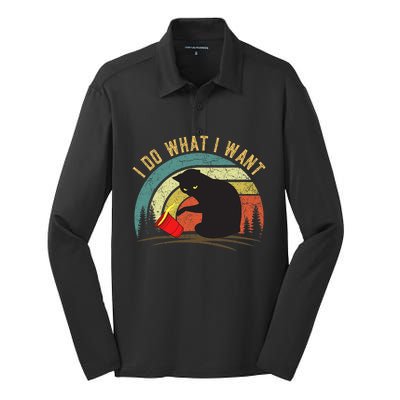 I Do What I Want Cat Coffee Black Cat Red Cup Funny Graphic Silk Touch Performance Long Sleeve Polo