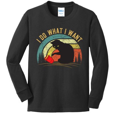 I Do What I Want Cat Coffee Black Cat Red Cup Funny Graphic Kids Long Sleeve Shirt