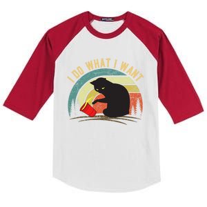 I Do What I Want Cat Coffee Black Cat Red Cup Funny Graphic Kids Colorblock Raglan Jersey