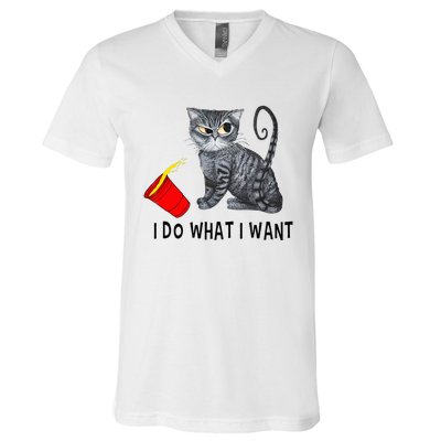 I Do What I Want Cat Coffee Black Cat Red Cup Funny Graphic V-Neck T-Shirt