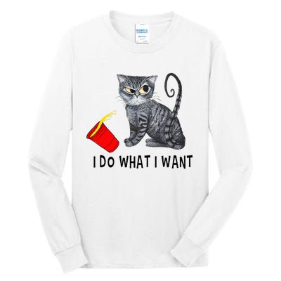 I Do What I Want Cat Coffee Black Cat Red Cup Funny Graphic Tall Long Sleeve T-Shirt