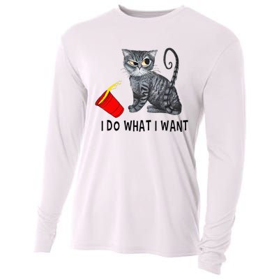 I Do What I Want Cat Coffee Black Cat Red Cup Funny Graphic Cooling Performance Long Sleeve Crew