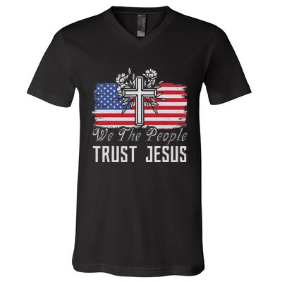 Independence Day We The People Trust Jesus Vintage US Flag V-Neck T-Shirt