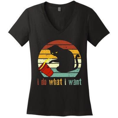 I Do What I Want Cat Coffee Black Cat Red Cup Funny Graphic Women's V-Neck T-Shirt