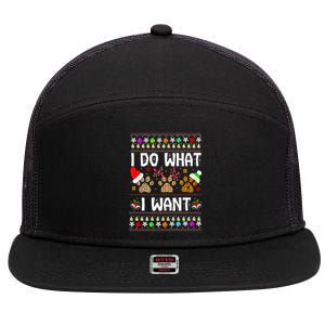 I Do What I Want Funny Dog Paws Ugly Christmas Sweater 7 Panel Mesh Trucker Snapback Hat