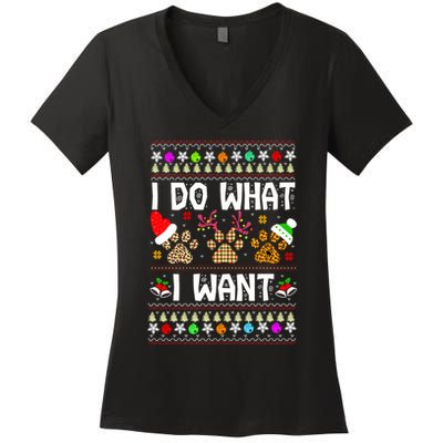 I Do What I Want Funny Dog Paws Ugly Christmas Sweater Women's V-Neck T-Shirt