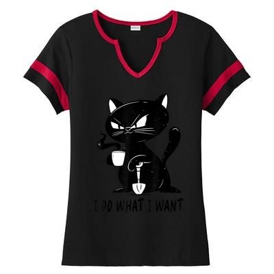 I Do What I Want Funny Black Cat Withe Cup Coffee Gifts Ladies Halftime Notch Neck Tee