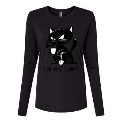 I Do What I Want Funny Black Cat Withe Cup Coffee Gifts Womens Cotton Relaxed Long Sleeve T-Shirt