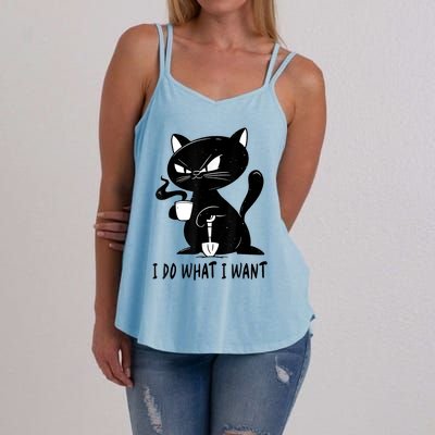 I Do What I Want Funny Black Cat Withe Cup Coffee Gifts Women's Strappy Tank