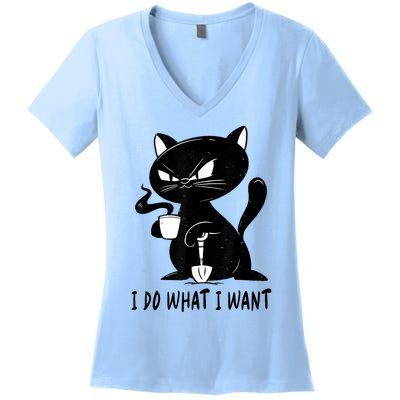 I Do What I Want Funny Black Cat Withe Cup Coffee Gifts Women's V-Neck T-Shirt