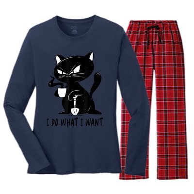 I Do What I Want Funny Black Cat Withe Cup Coffee Gifts Women's Long Sleeve Flannel Pajama Set 