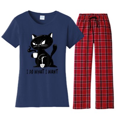 I Do What I Want Funny Black Cat Withe Cup Coffee Gifts Women's Flannel Pajama Set