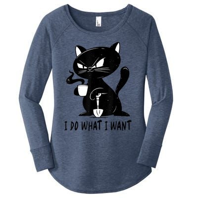 I Do What I Want Funny Black Cat Withe Cup Coffee Gifts Women's Perfect Tri Tunic Long Sleeve Shirt