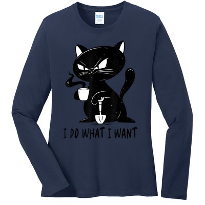 I Do What I Want Funny Black Cat Withe Cup Coffee Gifts Ladies Long Sleeve Shirt